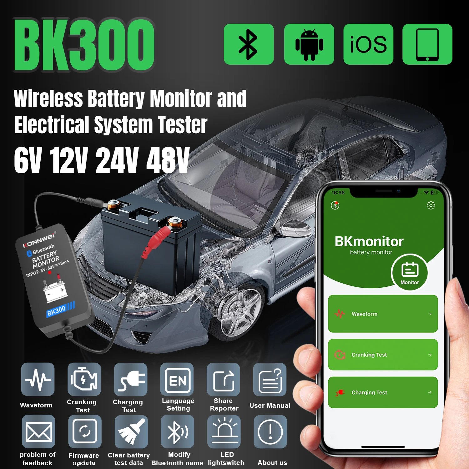 KONNWEI BK300 12V Batterie Monitor Drahtlose Bluetooth 5,0 Auto Batterie Gesundheit APP Überwachung Batterie Tester Werkzeuge Für Android IOS