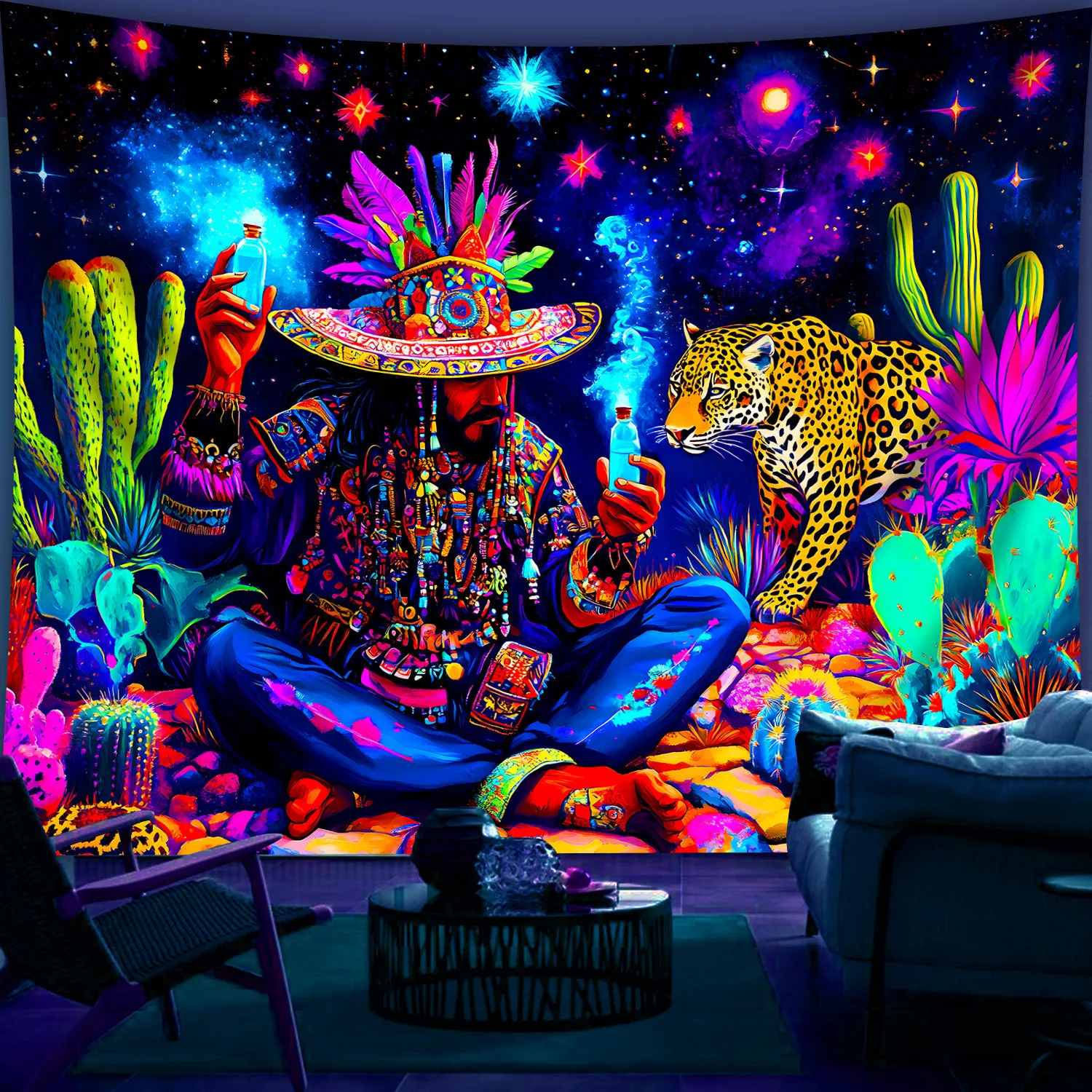 Vibrant Psychedelic Bohemian Tapestry Wall Decor Jungle Cosmic Safari Art Mural Digital Print Polyester Hanging Curtain