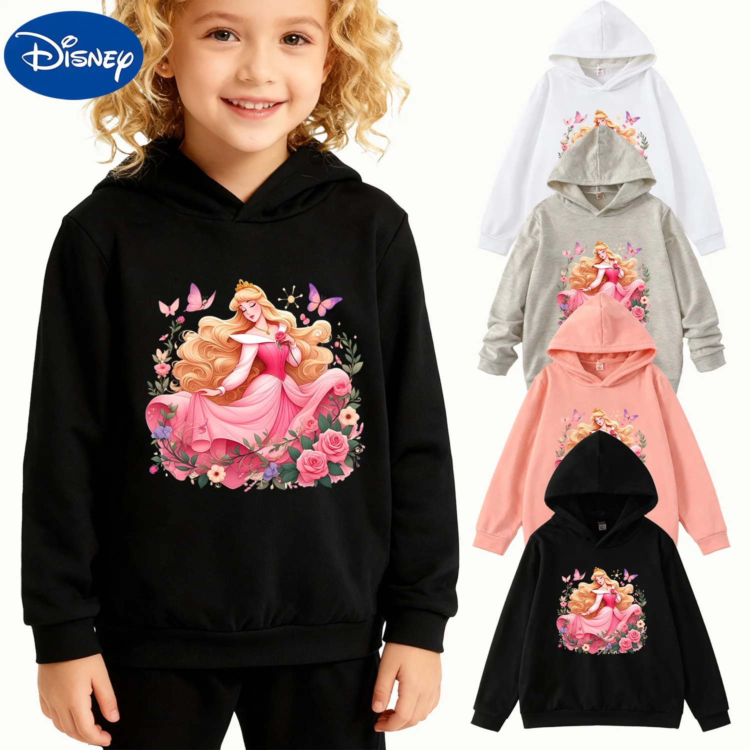 

Детская толстовка с цветочным принтом принцессы Диснея Авроры, черный повседневный пуловер, толстовка