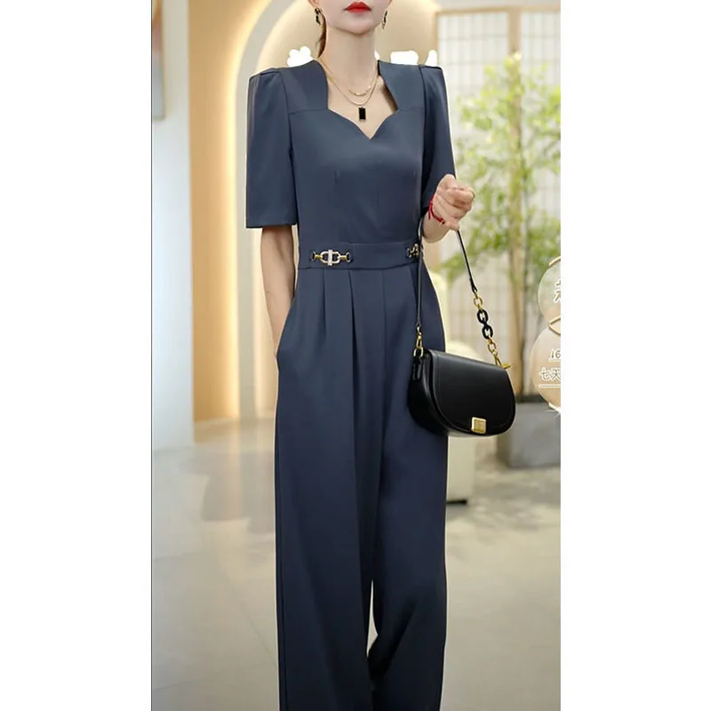 Lazy Style Slimming Short Sleeved Jumpsuit For Women 2024 Summer New Fashion French V-neck Versatile trend Long Women\'s Rompers