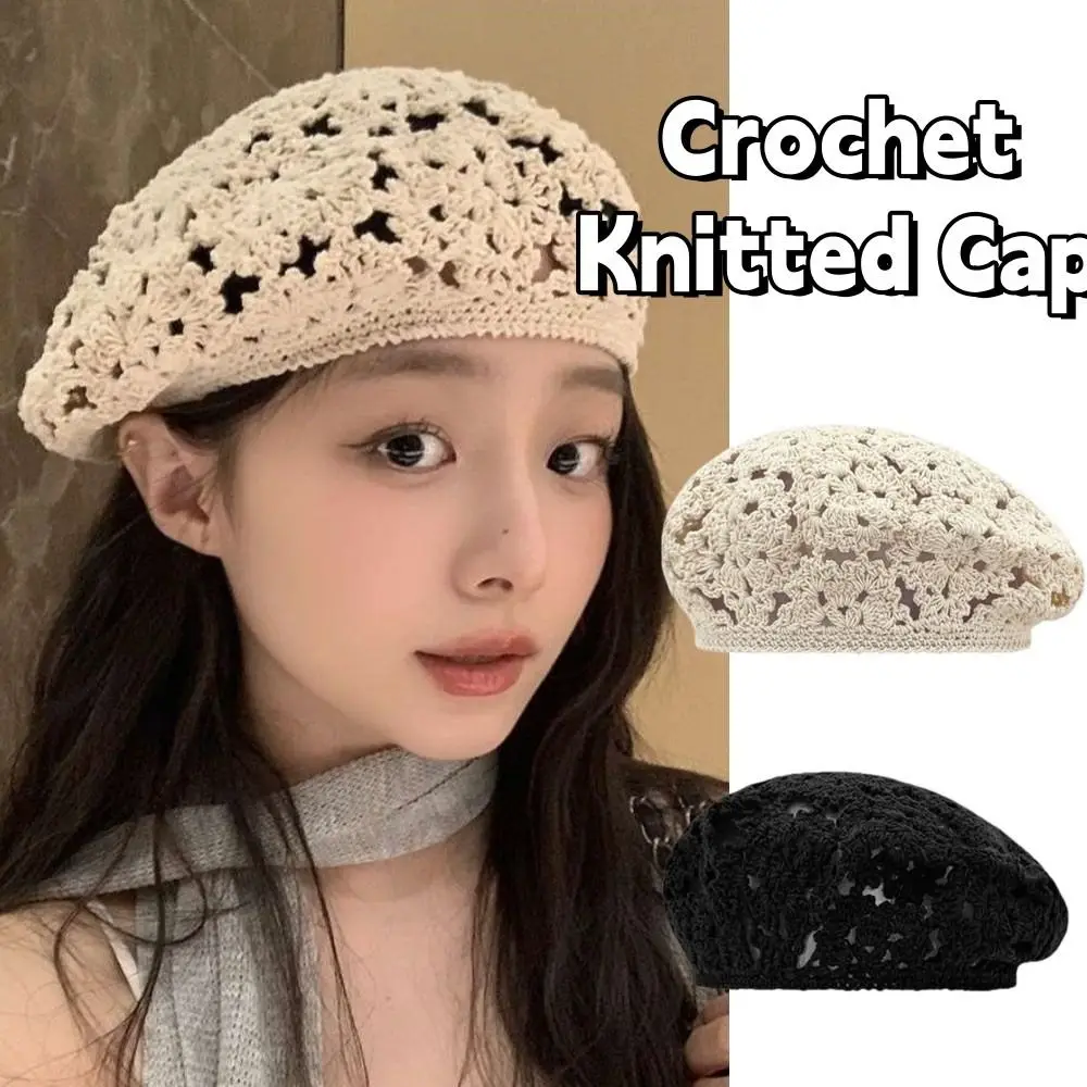 

Breathable Flower Hat Japanese Style Thin Hollowed Out Beret All-match Big Head Circumference Crochet Knitted Cap Holiday