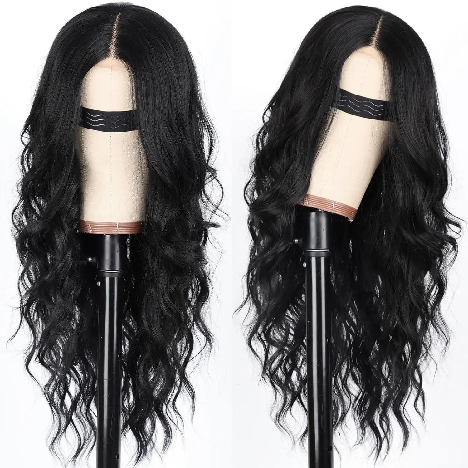 Black Wig for Women Long Wavy Lace Hairline Middle Part Synthetic Heat Resistant Wig for Daily Party-26 Inch