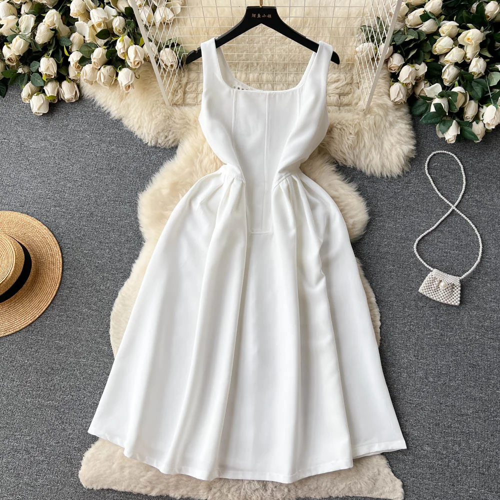 

Foamlina Summer New Women Vintage Style White Dress Elegant Solid Square Collar Sleeveless High Waist A-line Party Tank Dress