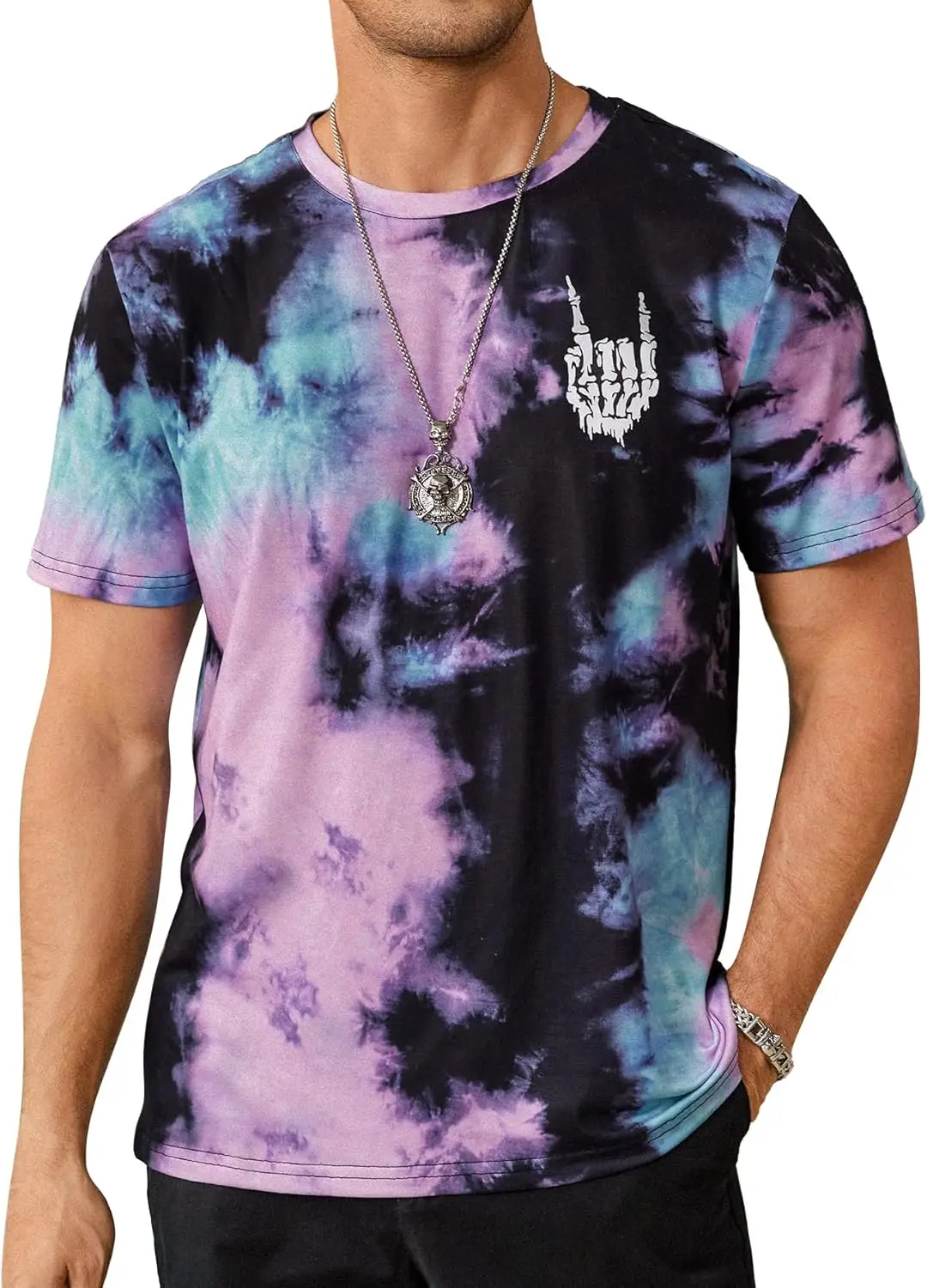 

3D Tie-Dye Colorful Print Men's T-Shirt Rock Gesture Pattern Short Sleeve Tees Creative Design Fashion Loose Comfortable Clothes