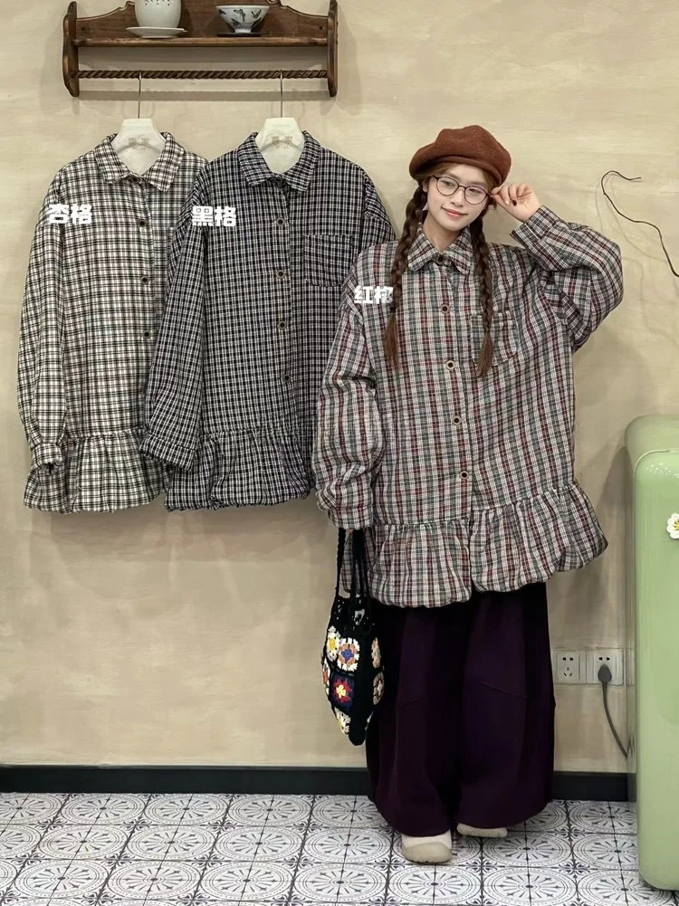 

Повседневная утепленная хлопковая рубашка для женщин, осенне-зимняя, в клетку, свободного кроя, с воротником, на пуговицах, средней длины