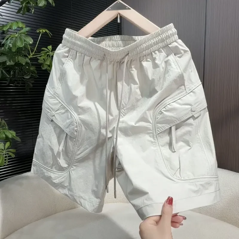 Summer Men's Cargo Shorts Elastic Drawstring Waist Multi Pockets Loose Quick Dry Breathable Loose Outdoor Casual Sports Shorts