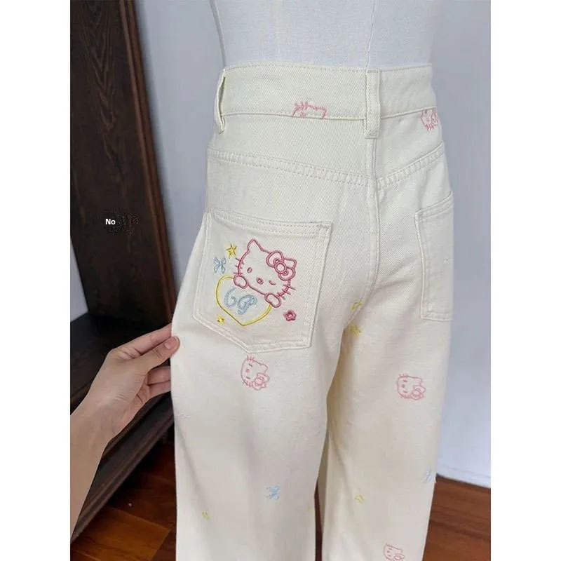 

Лето 202, белые широкие джинсы с вышивкой собаки, женские свободные прямые брюки в американском стиле, длинные брюки с высокой талией