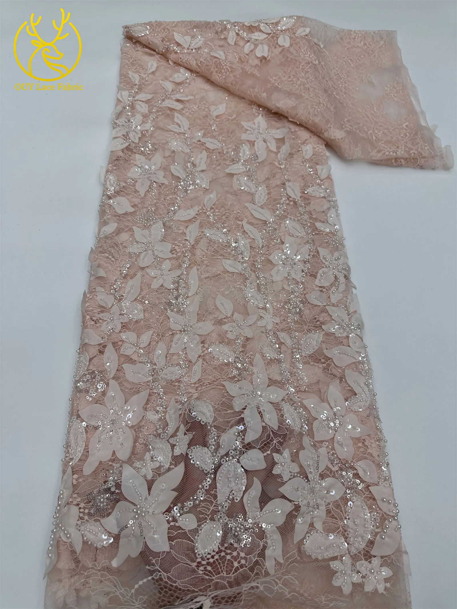 3D grüner afrikanischer handgefertigter Perlen-Pailletten-Spitzenstoff 2026 – Hochwertiger nigerianischer Stoff für luxuriöse Hochzeits- und Partykleider zum Nähen, 5 Yards – Detail 14