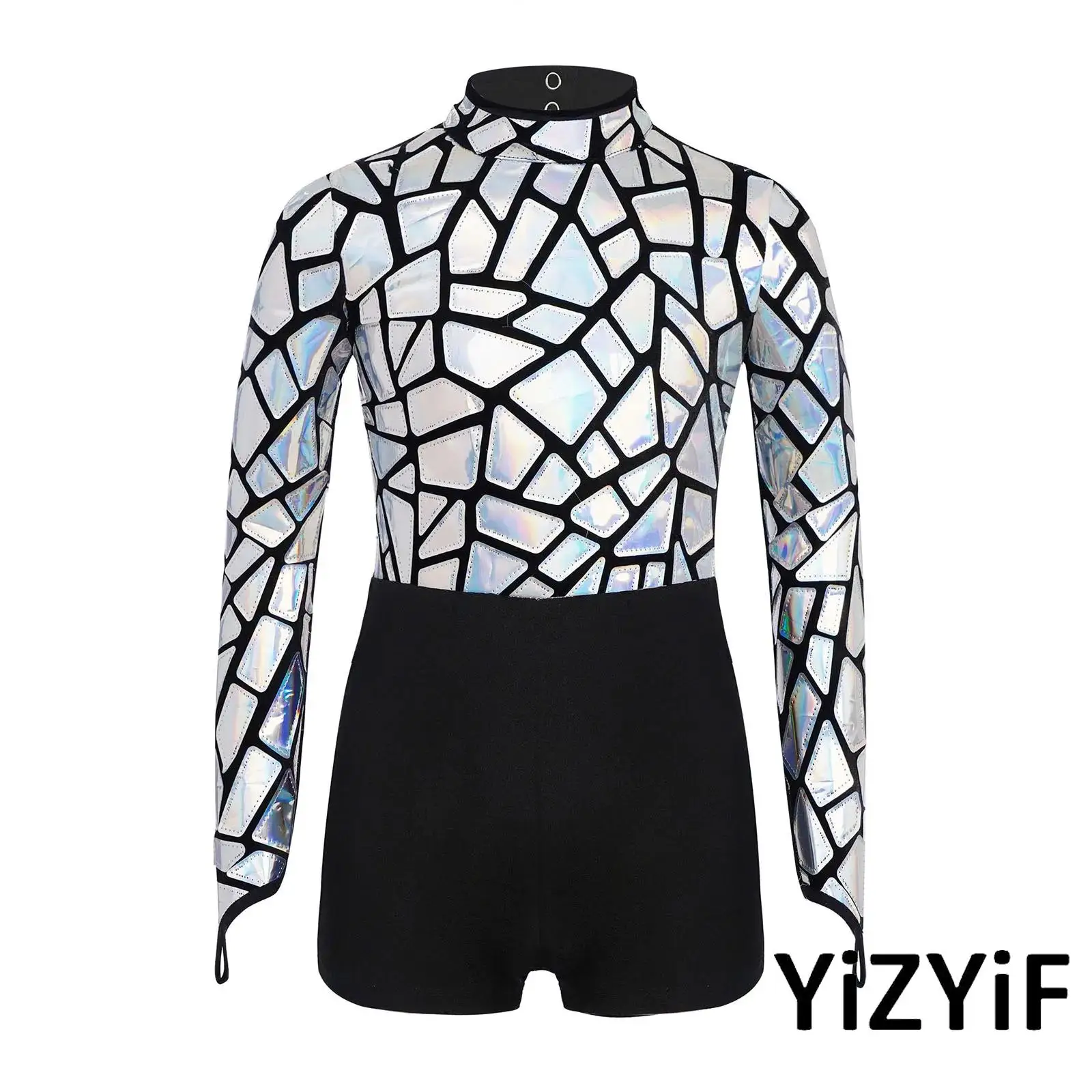 

Girls Metallic Sequins Jazz Dance Jumpsuit Mock Neck Long Sleeve Keyhole Back Bodysuit for 80s Disco Performance Competition