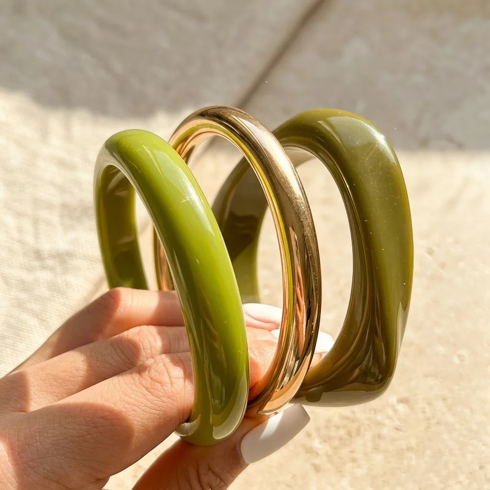 3pcs/set Alloy Resin Twisted Bracelet Irregular Olive Green Stackable Wrist Jewelry Minimalist Round Geometric Bangle Women