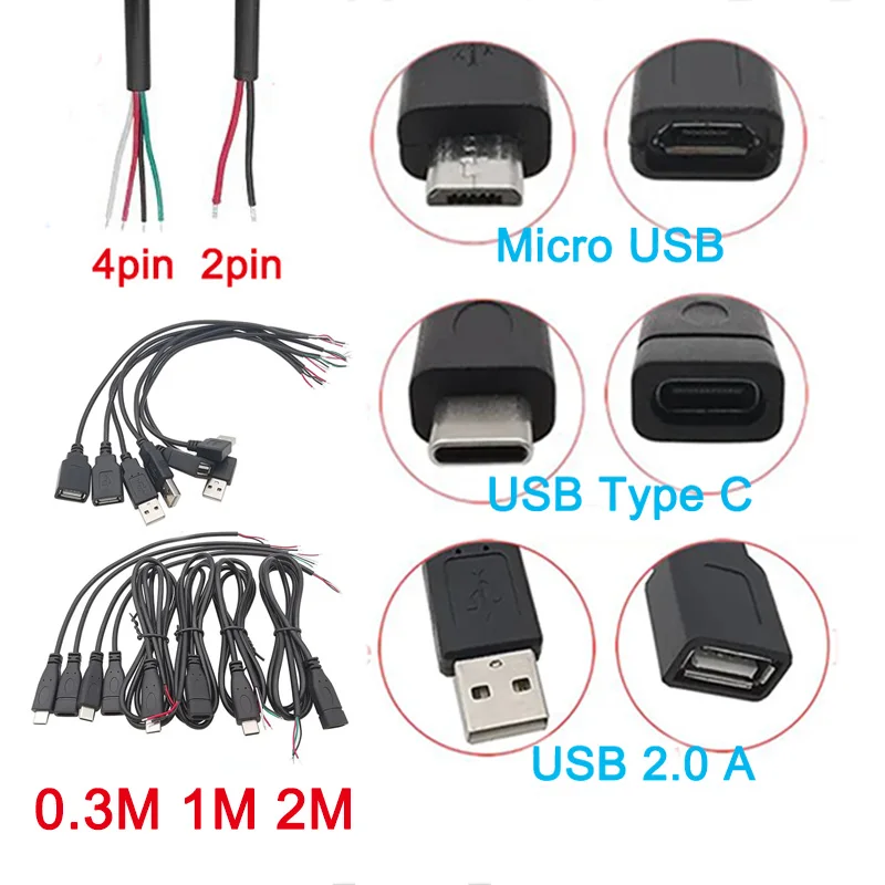 5V USB Male Female Power Supply Extension Cable 2Pin 4Pin Micro USB / Type C Charger Connector USB 2.0 Type A Wire DIY Data Line