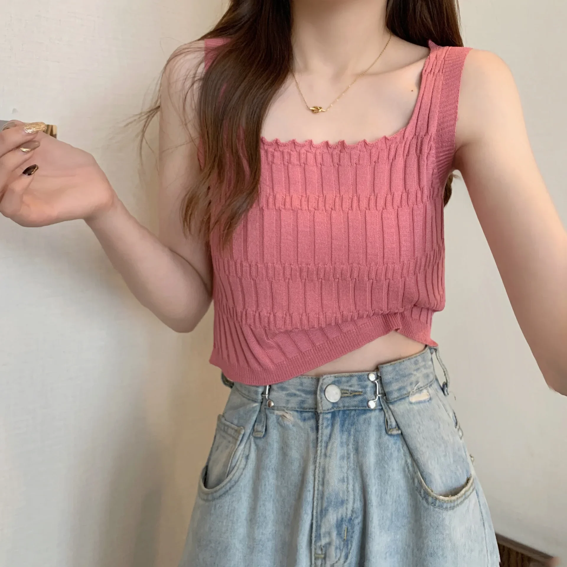 Korean Fashion Japanese Cropped Top Woman 90S Vintage Y2k T-shirt Women Summer Sleeveless Tee Shirt Knitted Knitwear Clothes