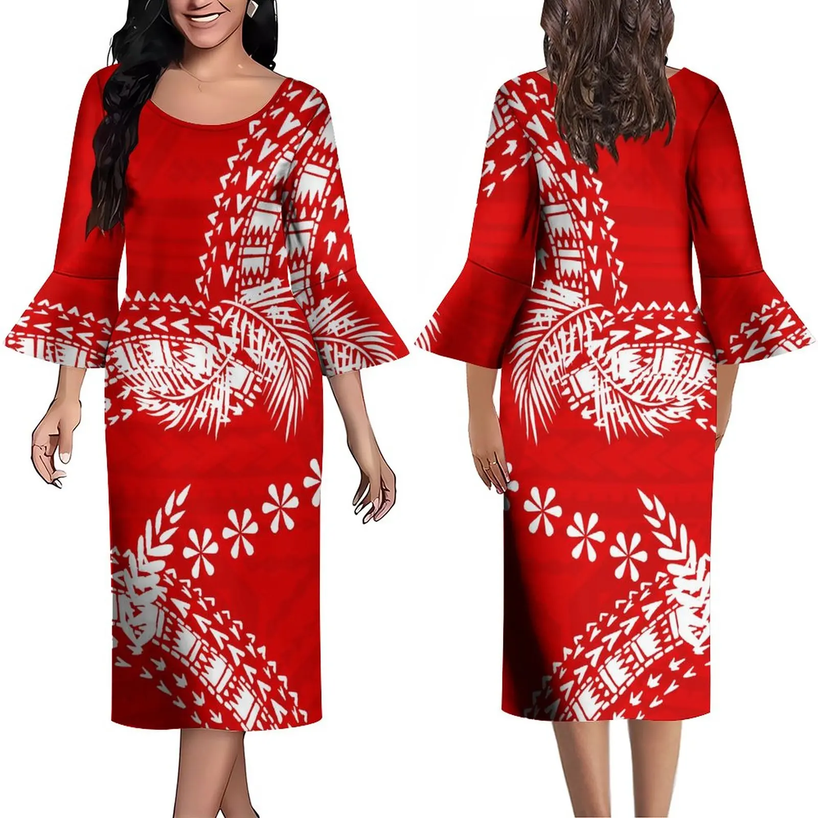 Polynesian Vintage Tribal Design Printed Long Dress Banquet Quality Fabric Dress Summer Long Sleeve Dress Custom Women's Dress