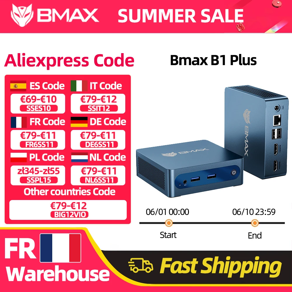 Mini PC BMAX B1 Plus Windows 11, Intel J3355, 6 Go de RAM, 128 Go de ROM, HDMI, USB, Wi-Fi, prend en charge 4K@60Hz, Intel HD Graphics 500