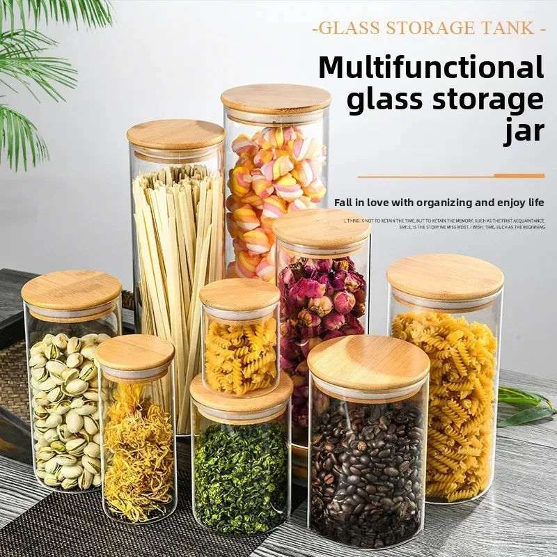 For Kitchen Glass Sealed Storage Jar with Bamboo Wood Lid Transparent Food Grade Moisture Proof Container for Dry Goods