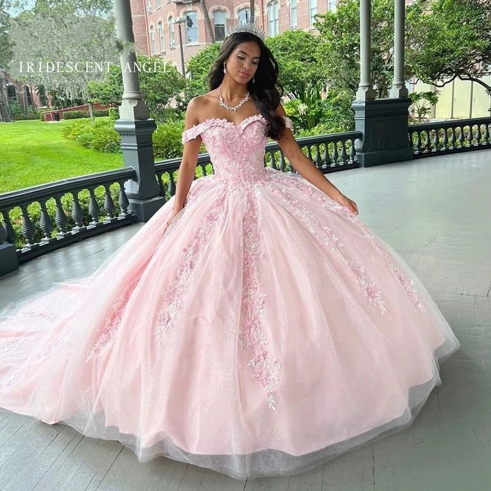 Vestido de baile Rosa iridiscente, apliques, quinceañera, tren de corte, 15 años, cumpleaños, fiesta de noche, vestidos de princesa, corsé