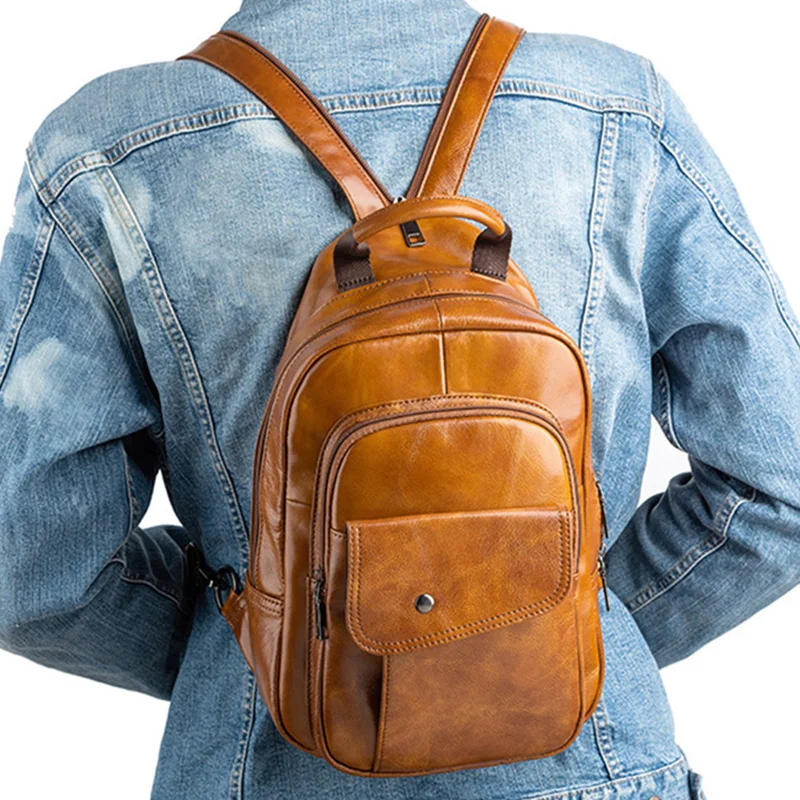 Genuine Leather Men Backpack Sling Chest Cross body Bag Retro Designer Real Cowhide Male Rucksack Crossbody Shoulder