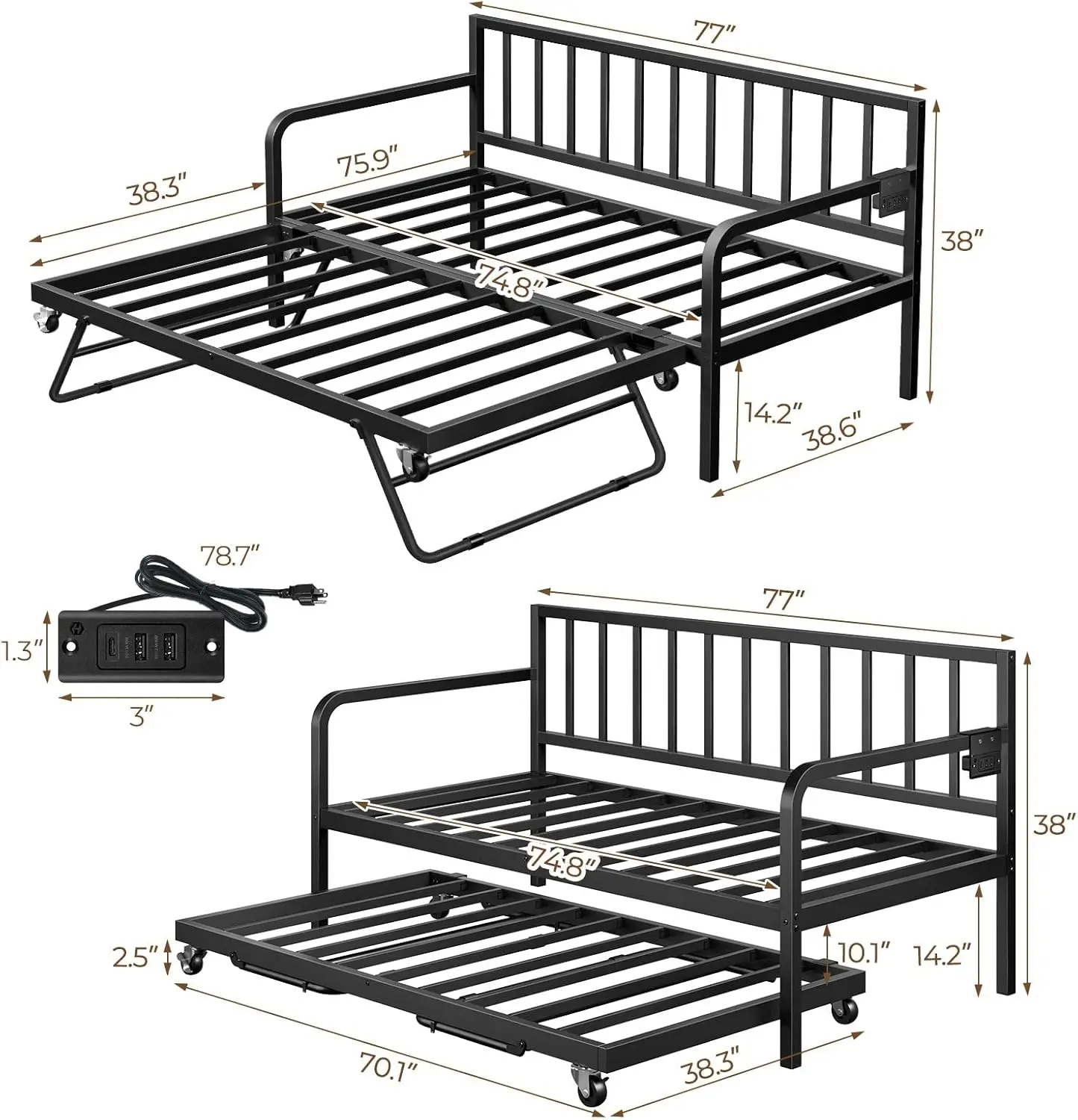 Espreguiçadeira com estação de carregamento e luzes LED, sofá-cama duplo com altura ajustável e rodízio, estrutura de sofá-cama de metal com Ste