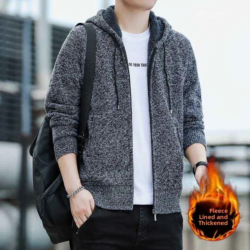 

Зимний вязаный мужской свитер с капюшоном, джемпер на молнии, открытый кардиган, пальто из пряжи цвета морской волны, теплое повседневное свободное пальто