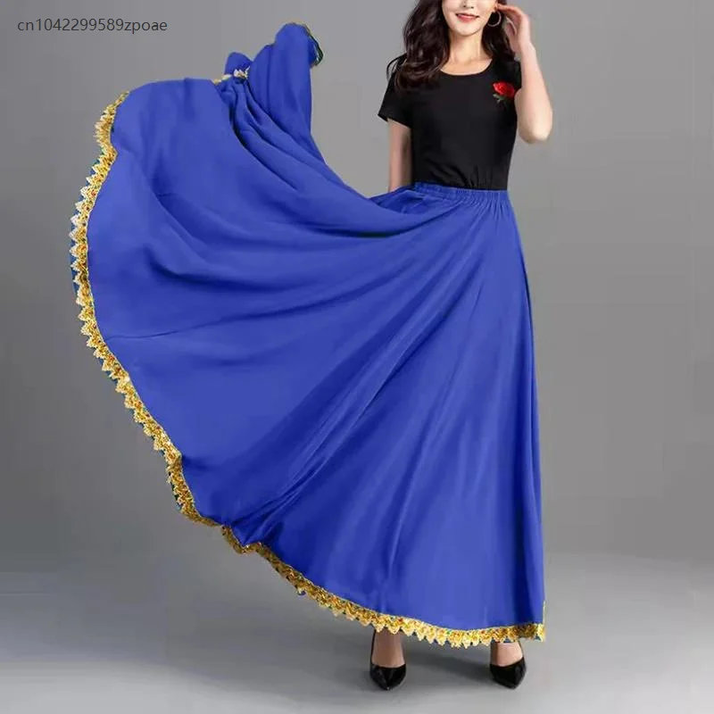 Damen 720-Grad-einfarbiger Tanzrock, spanischer Flamenco, großer Schaukel, hohe Taille, langer Rock, mexikanisches Tanzaufführungskostüm