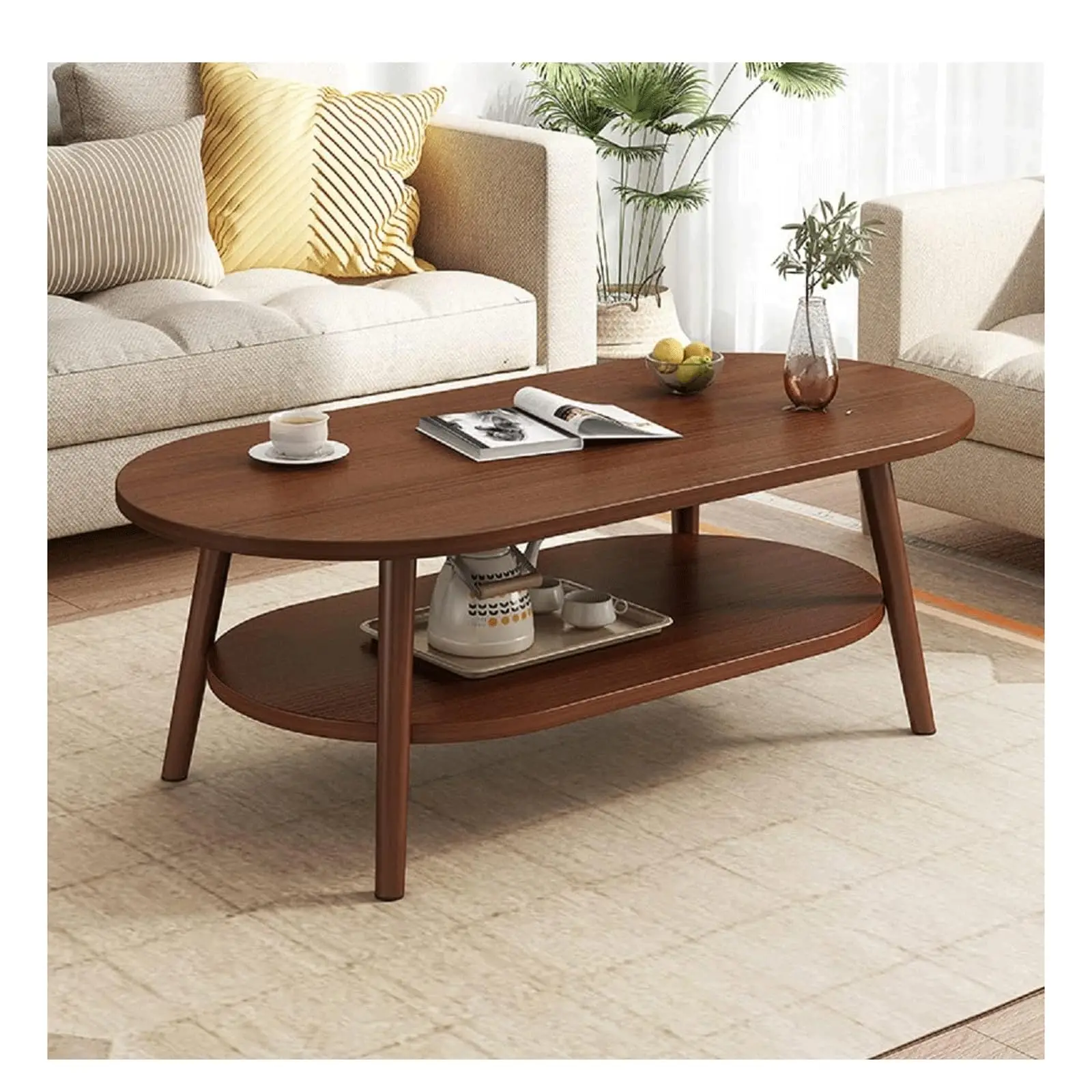 

！@Combohome Rustic Oval Coffee Table with Storage Shelves 2-Tier Wooden Cocktail Table Sofa Accent