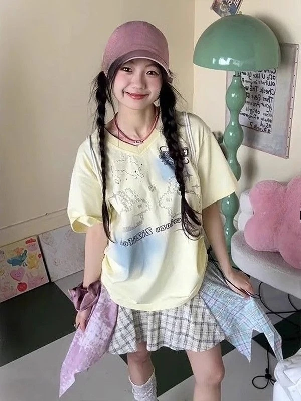 2000s خمر Y2k المحاصيل القمم المرأة قصيرة الأكمام سليم مطبوعة تيز ثقافة فرعية Harajuku الملابس الكورية الشرير القوطية تي شيرت أبلى #4