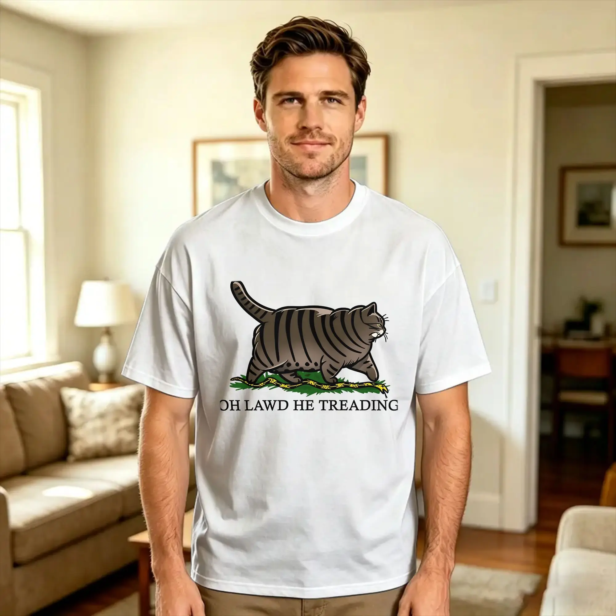 Oh Lawd He Treading Tabby Cat Classic T-Shirt Summer  Leisure T Shirts Pure Cotton O Neck Oversize Clothes Short Sleeve Tshirt