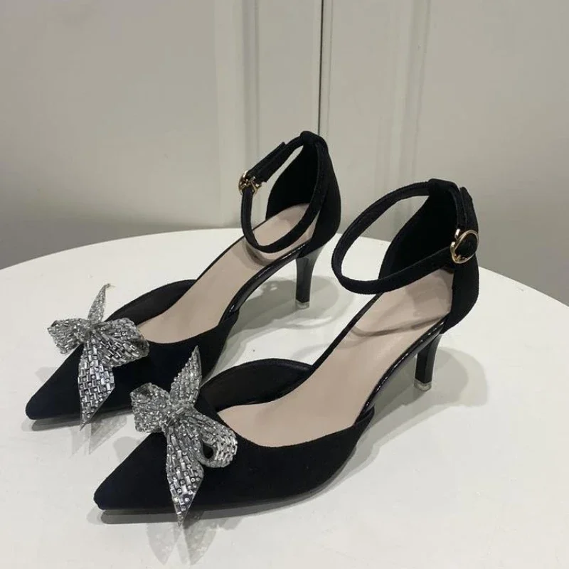 Shoes bowknot Rhinestone Women Pumps High Heels 7 CM Stiletto Women shoes buckle Summer Women Sandals Luxury party shoes