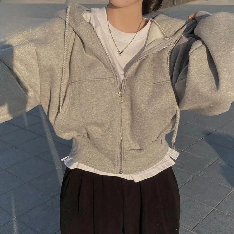 Damska bluza z kapturem w stylu koreańskim, jesienno-zimowa, długa, ocieplana włóknem bawełnianym, okrągły dekolt, długość ortodoxna, wzorzysta.