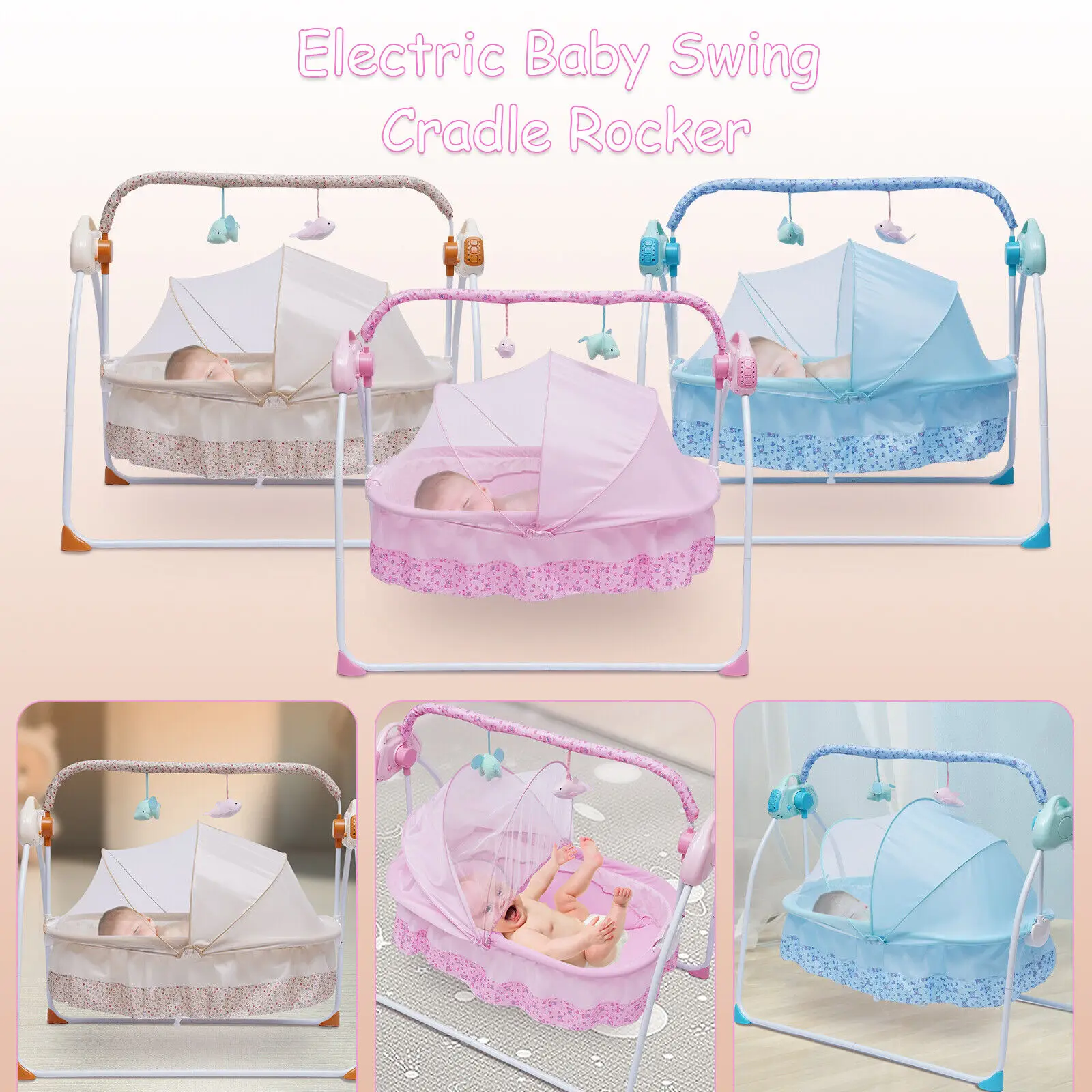 Elektrische Baby Wieg Auto Swing Rocker Cot Baby Slaapbed Schommel Wieg Kit Timer Bluetooth Muziek + Mat + Kussen 5 Versnellingen Verstelbaar