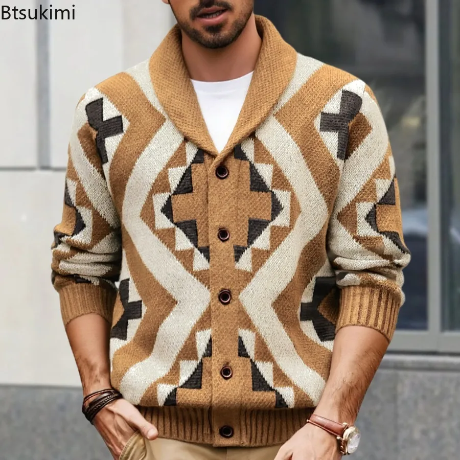 

Autumn Winter Men's Clothing Vintage Casual Knitted Cardigans Single Breasted Thicked Warm Sweater Coats Jacquard Knit Jackets