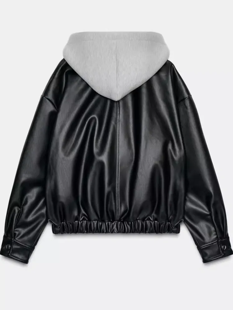 الأمريكية Sle تقسم قبعة تأثير الجلود Jaet معطف المرأة عارضة طويلة Sve سستة إغلاق اللون بو معطف جلد #2