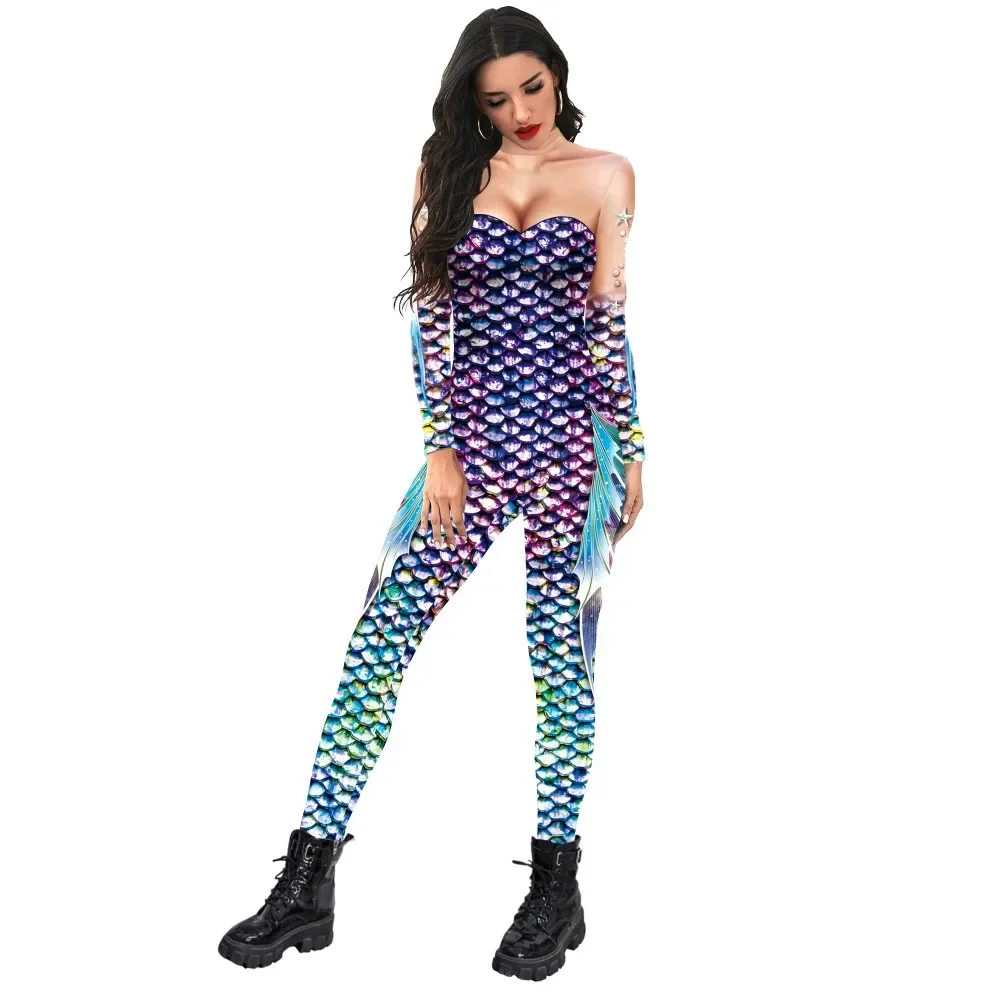 Adult Zentai Cosplay Bodysuit Women Sexy Mermaid Fish Scales Printed Slim Jumpsuit Performance Costumes Party Fancy Outfit