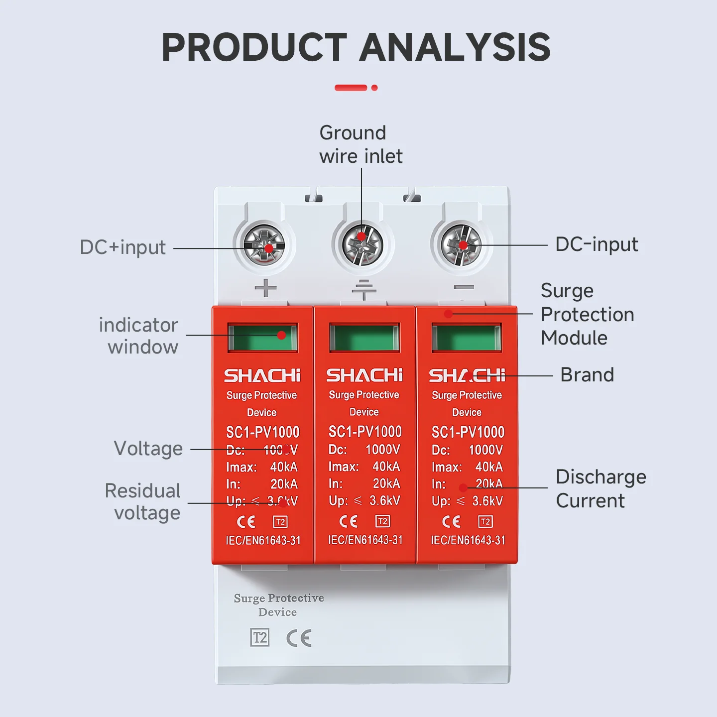 SPD 3P DC  1000V 1200V 1500V 10kA-20kA 20KA-40KA House Surge Protector Protective Low-voltage Arrester Device Voltage Protector