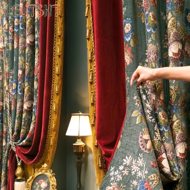 Custom Size Retro Curtains American Green Villa High Windows High Chenille Bedroom Living Room European Style Luxury French