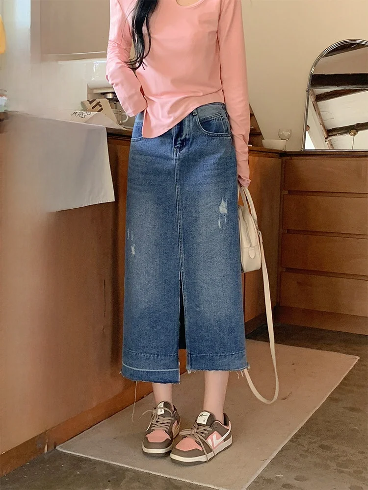

Commuting Slimming A-line Half-skirt Blue Denim Women's Bubble Skirt High Waist Zipper Style Casual Wear Korean Version