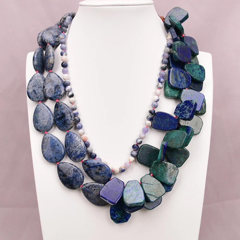 APDGG A108 Handmade 3 Rows Natural Mix Stone Agate Jasper Blue Vein Stone Multi Strands Necklace