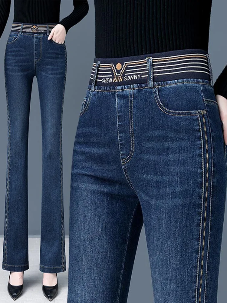 Faionable High-Waist Elastic Waist Slim Fit Denim Jeans Damen Herbst Winter New Sle Micro Flared Pants Stretchy Bell Bo...