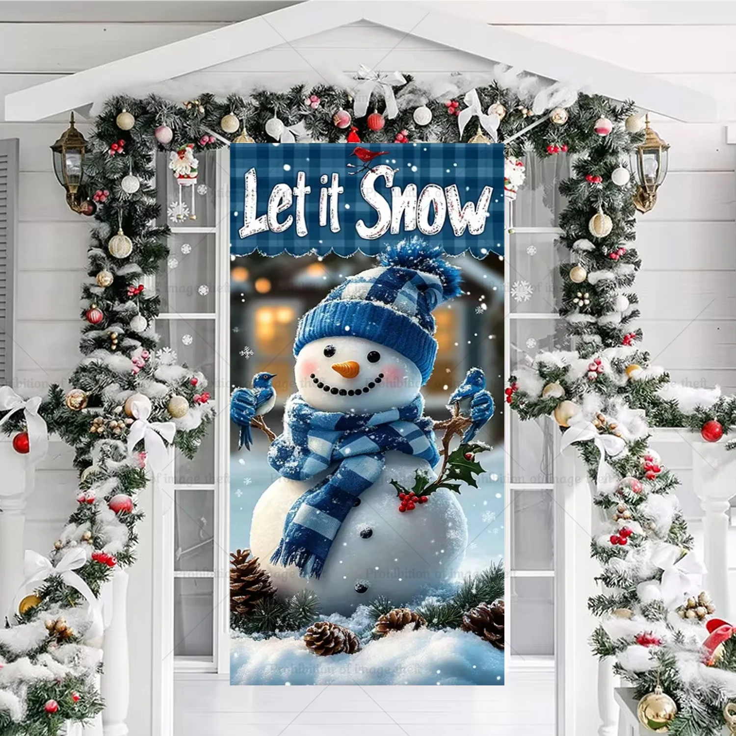 الشتاء ثلج موضوع ندفة الثلج شجرة عيد الميلاد الدافئة ضوء زوجين سانتا السنة الجديدة غطاء الباب الديكور في الهواء الطلق خلفية شرفة #3