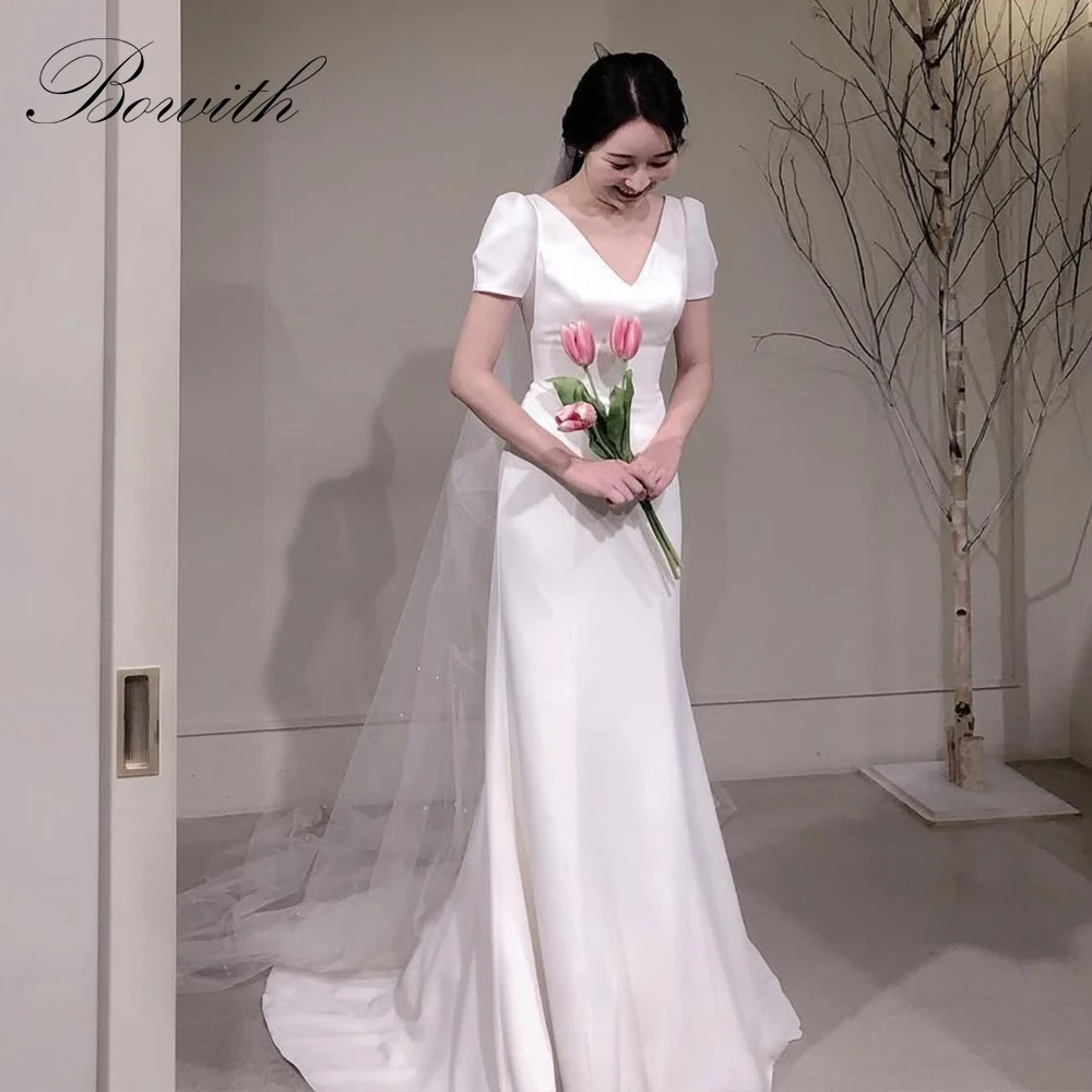 

Bowith Elegant Korean Wedding Dresses 2025 Customized V-Neck Short Sleeves Bridal Reception Dresses Sweep Tarin Party Gown