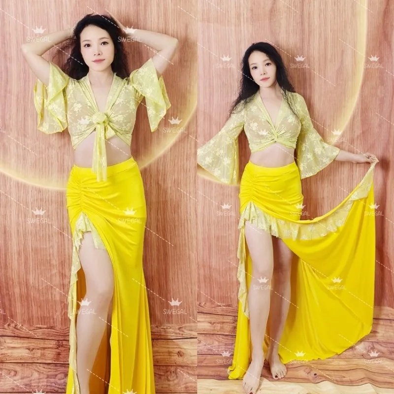 فستان رقص شرقي مخصص ممارسة الزي أزياء الرقص الشرقي الدانتيل زهرة صافي البوق كم مع تنورة شق الدانتيل #3