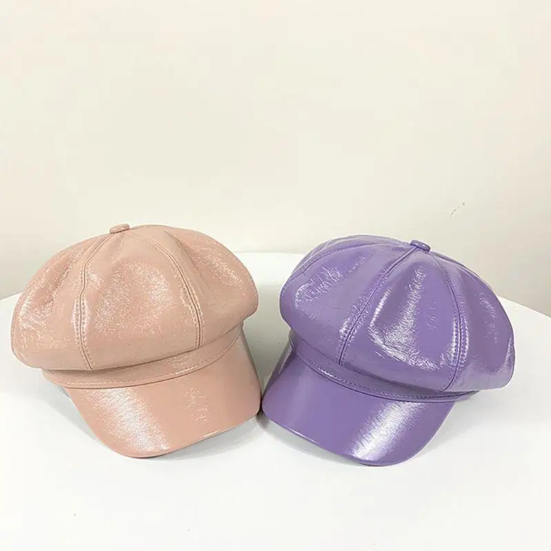 R1WE الكورية النساء الخريف خمر فو براءات الاختراع والجلود اللبلاب قبعة بيريه لامعة بلون 8 لوحات الرسام الترفيه مثمنة أجرة أجرة #2