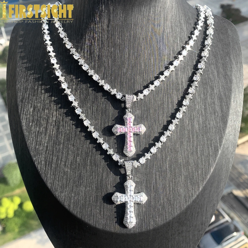 

New Prong Setting Cross Pendant Necklace for Women Men Iced Out Round Cubic Zirconia Tennis Chain Charm Lovers Hip Hop Jewelry