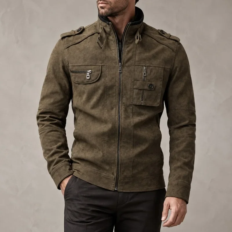 2026 Men's Utility Jacket Stand Collar Multi Pocket Full Zip Shoulder Epaulets Chest Pockets Long Sleeve Regular Fit Casual