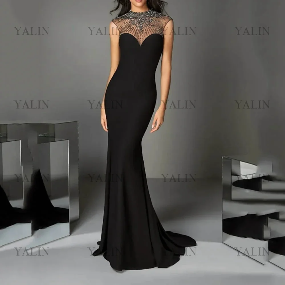 Customized Formal Illusion Halter Neck Celebrity Dresses Floor Length Beading Crystal Evening  Sleeveless Black Prom Dres