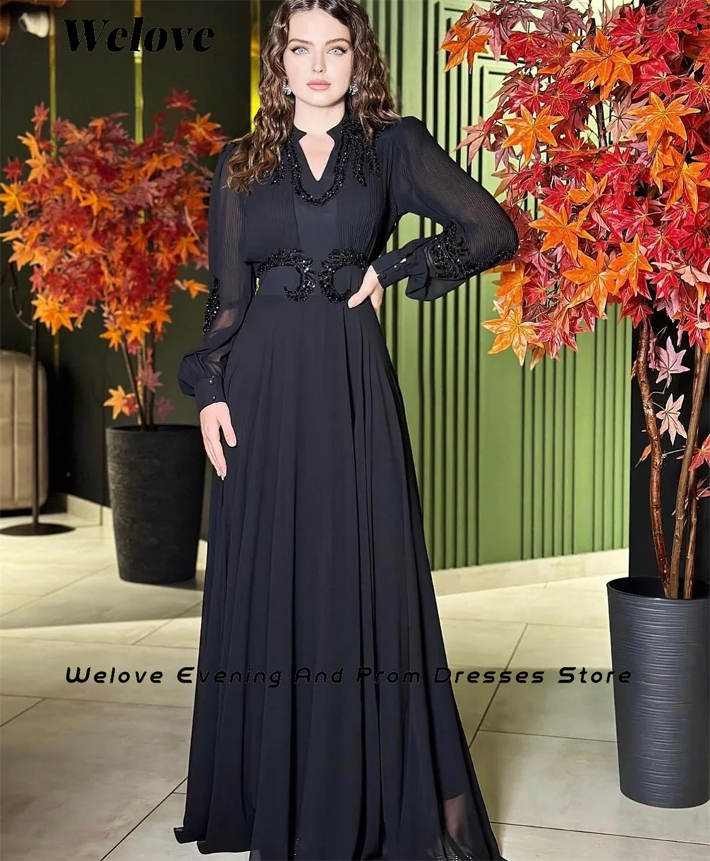 Welove V Neck Prom Dress Puff Sleeves Evening Gowns Pleated A-line Robes De Bal Vestidos New 2024