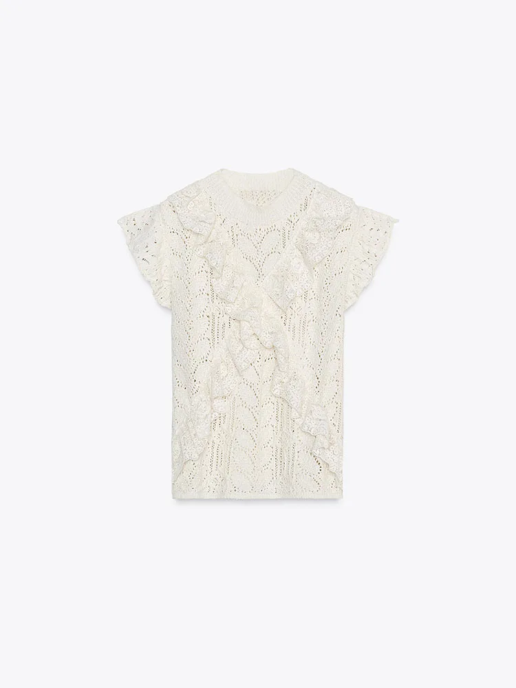 New Summer 2025 Women's Knitted Top with Embroidered Layered Decorative Me Fabric Commute Sle 00% Other Material