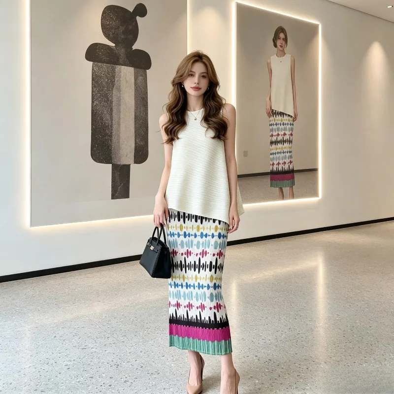 Miyake Pleated Skirt 2026 New Original Spring Summer Casual Fashion Slim Fit Pleated Comfortable Printed Colorful Sonic Print