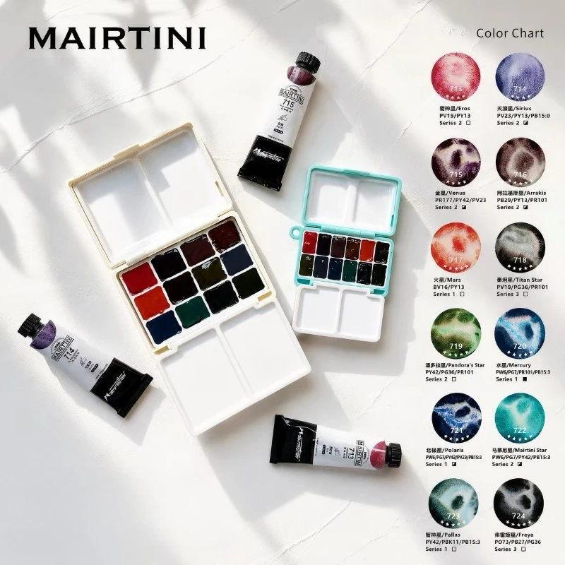 MAIRTINI 12 Colors Artist Grade Sediment Watercolor Paint 0.5/1ml Portable Layered Granulating Solid Watercolor Art Supplies