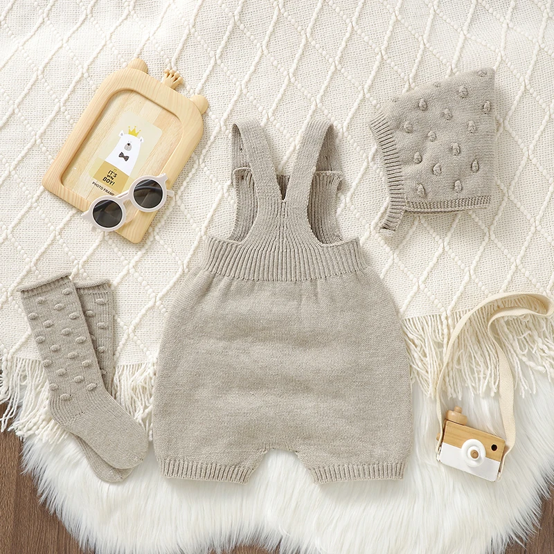 3pcs/Set Baby Clothes Solid Dots Crocheted Newborn Infant Girls Sleeveless Knitted Rompers Hats Socks Outfits 0-18m Infant Suits